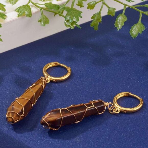 Gem on Huggie Hoop Earrings Natural Tiger Eye point Wire Wrapped Bullet gemstone - Picture 1 of 2